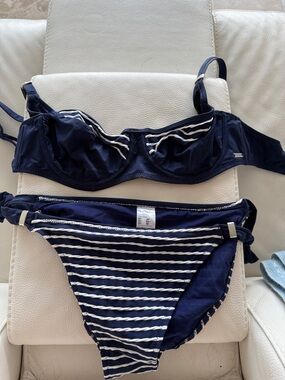 Fantasie Navy Blue & White Striped Underwire Bikini Set small bottoms 34D bra